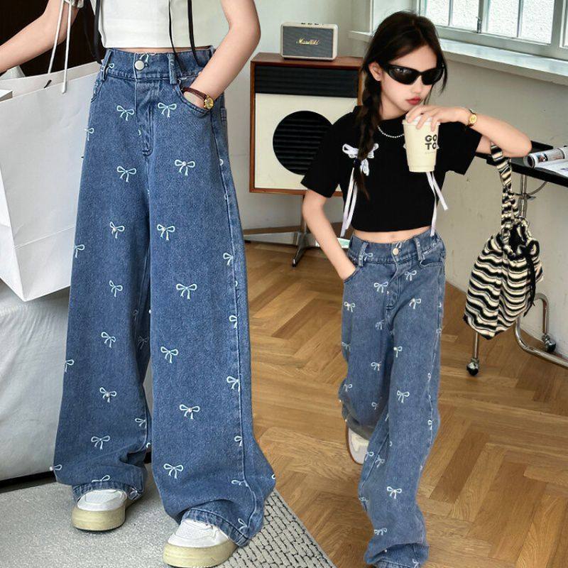 夏季裤子2024新款松紧腰牛仔裤蝴蝶结印花阔腿裤时髦秋装.
