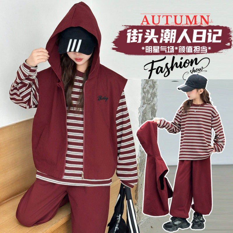 女童秋装运动套装2025新款中大童洋气时髦卫衣马甲儿童春秋三件套