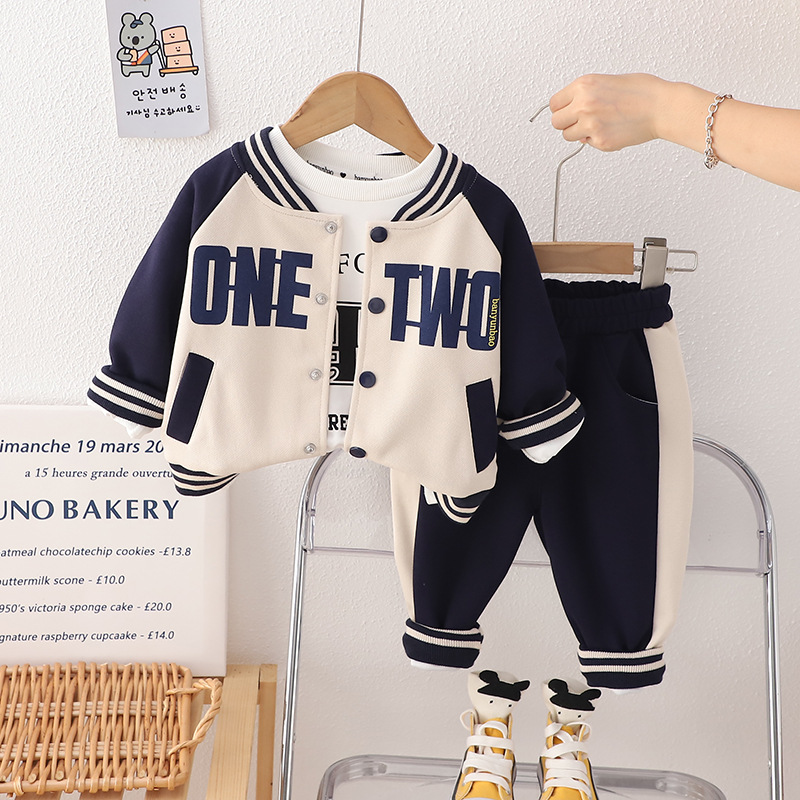 棒球服开衫童装男童拼色字母印花长袖开衫秋装新款运动休闲服三件