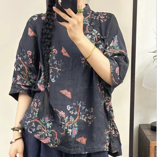 薄款苎麻夏季中国风新款复古2026宽松洋气上衣短袖女款碎花上衣女