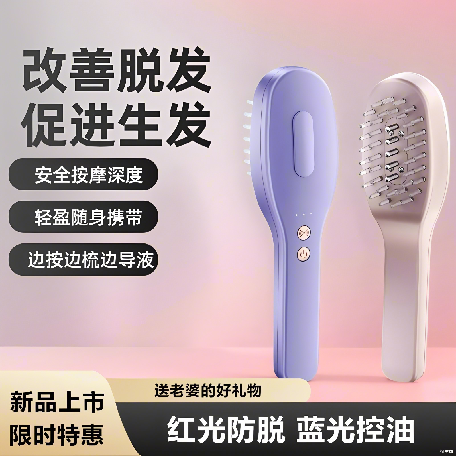 头皮电动按摩梳红光生发蓝光育发梳子激光防脱健发证上药导液仪器