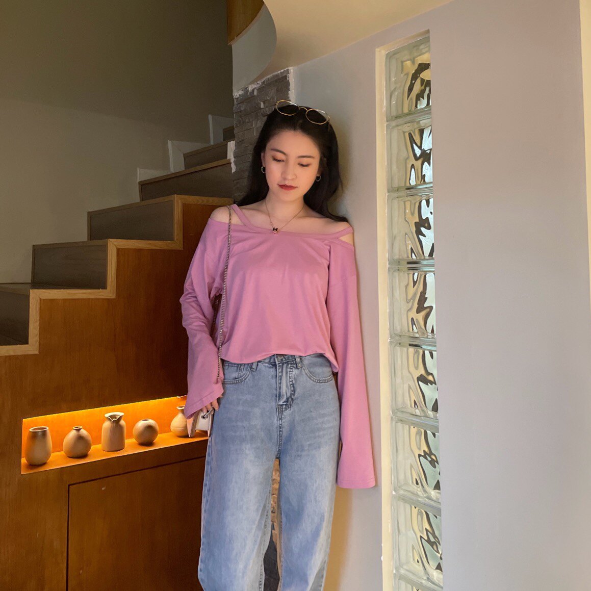 dbs 简约风百搭打底衫外穿宽松一字领纯色T恤长袖吊带露肩上衣女