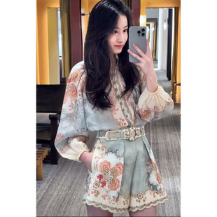 货少只够卖一会！澳州小众印花长袖宽松苎麻上衣+高腰短裤套装