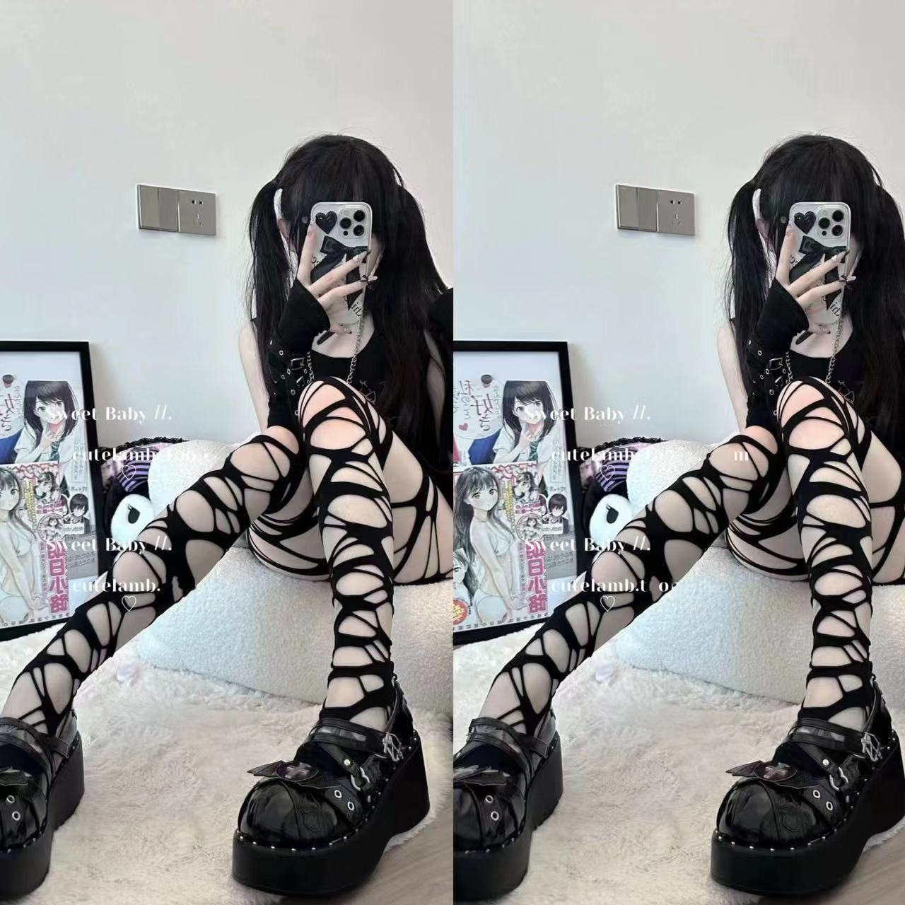 自制潮流不规则哥特朋克勒肉辣妹亚文化黑色破洞丝袜打底连裤网袜