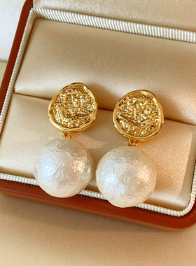 2026年新款925银针金色锤纹棉花珍珠耳坠耳环女款小众独特高级感