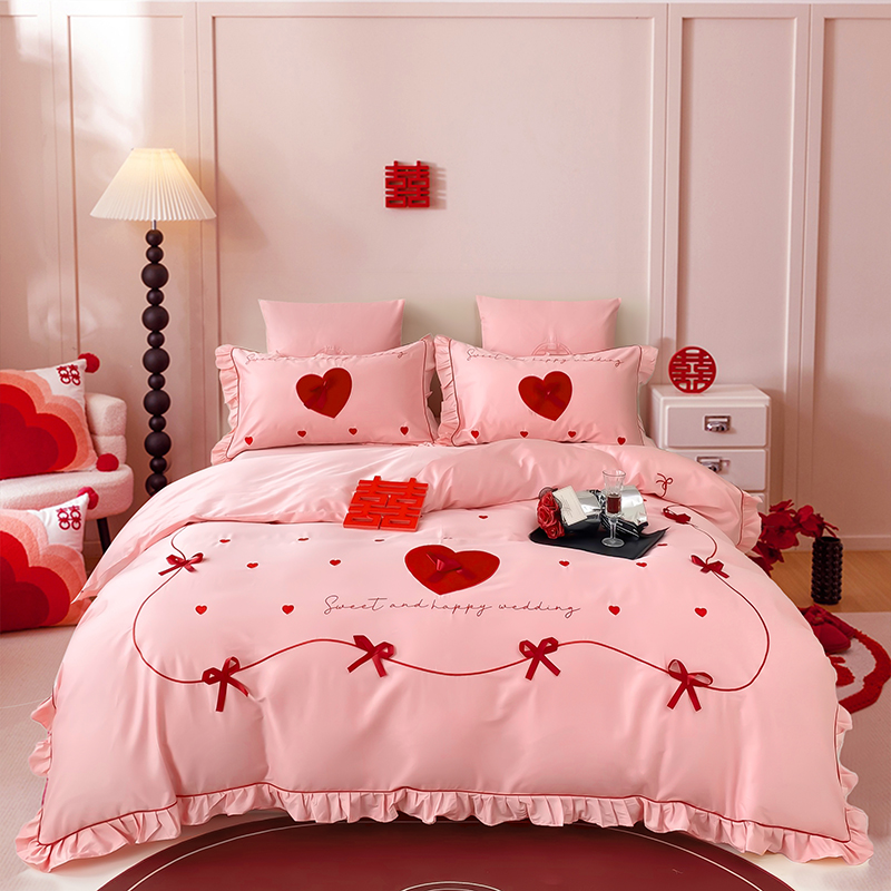 180S长绒棉婚庆四件套全棉纯棉粉红结婚六件套婚房陪嫁新婚床上品