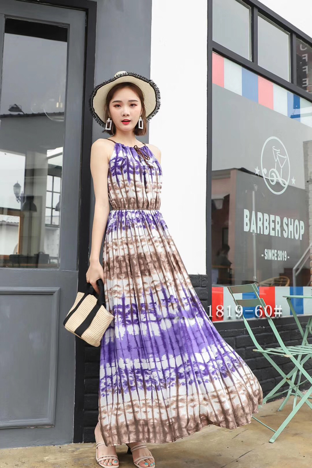New summer 2019 chiffon dress with slim waist and long suspender skirt cotton silk ethnic style printed beach skirt