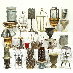 孤品大集合-外贸家居饰品复古做旧铁艺装饰摆件奖杯花盆烛台花器