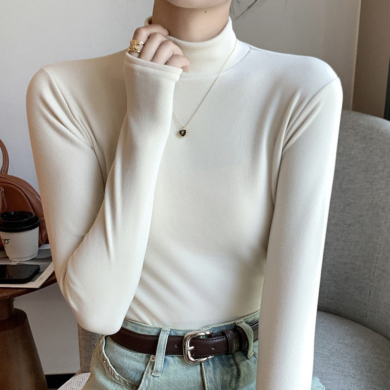 H319新款圆领秋冬季半高领磨毛打底衫女内搭加厚黑白色中领保暖衣