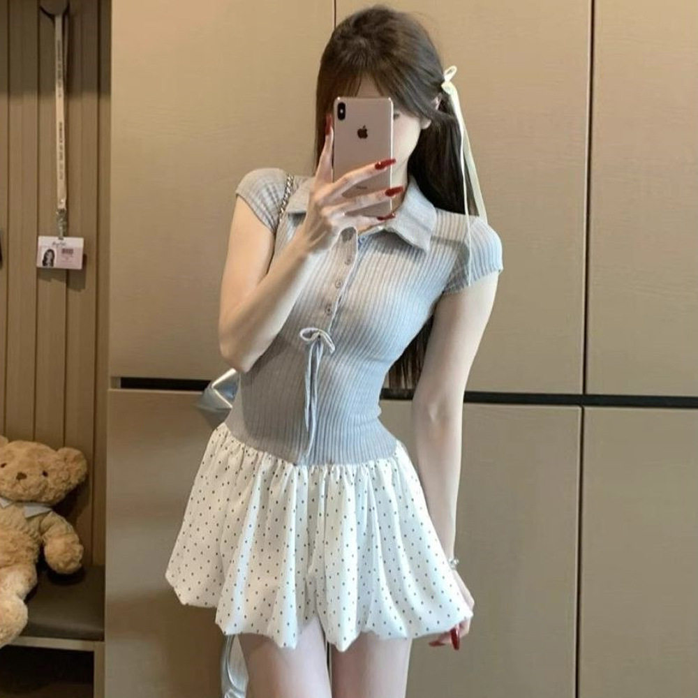 韩系休闲风修身显瘦波点a字连衣裙女夏季气质温柔风灰色翻领裙子