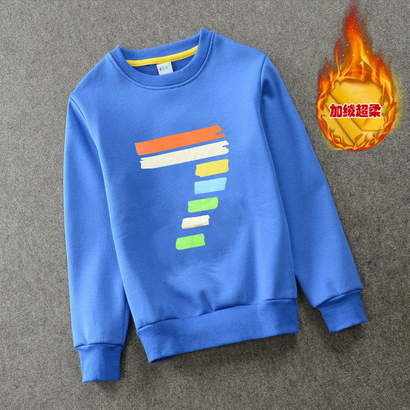 新款中大童圆领加绒卫衣套头上衣全棉长袖保暖休闲打底衫秋冬装