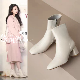 骄阳似我聂曦光赵今麦同款白色靴子侧拉链短靴女鞋粗跟高跟马丁靴