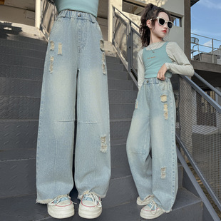 跨境女童秋装裤子2025新款儿童中大童牛仔裤春秋破洞直筒裤潮