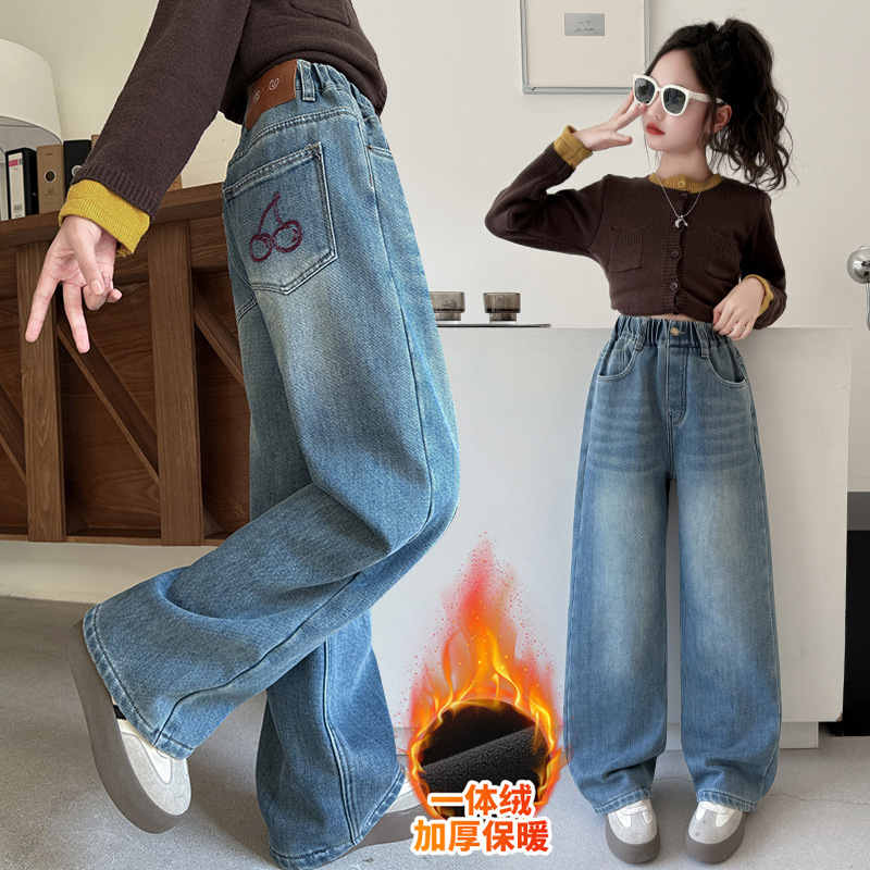 直筒阔腿裤大童洋气宽松牛仔裤秋冬季儿童装女童裤子加绒加厚外穿