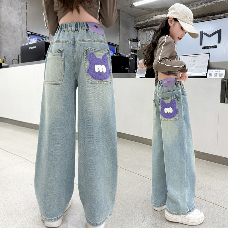 跨境女童牛仔裤春秋2025新款儿童秋装宽松裤子大童春季直筒阔腿裤