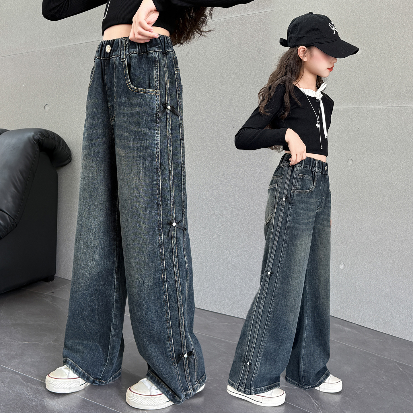 女童牛仔裤秋款洋气炸街2025新款儿童高腰直筒裤大童女孩阔腿裤潮