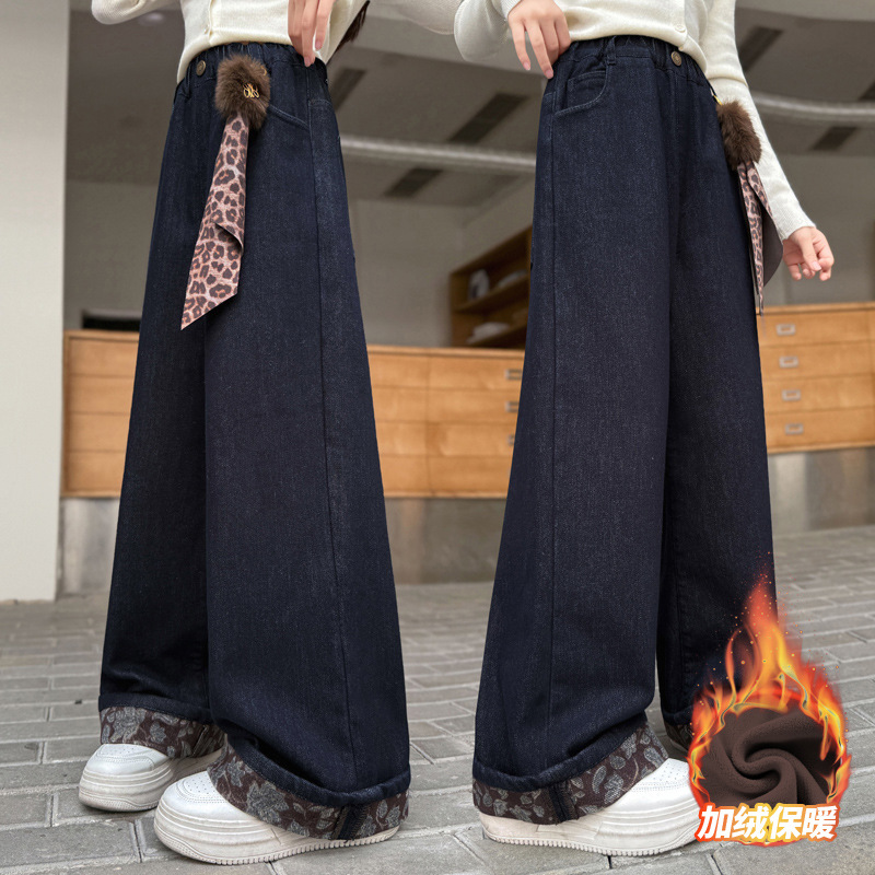 秋冬中大女童牛仔裤加绒新款童装儿童女孩深色豹纹拼接脚口直