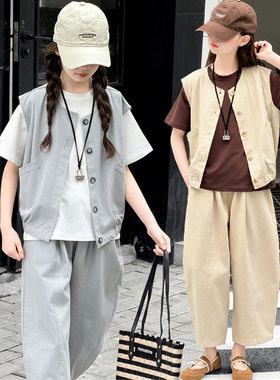 跨境女童套装夏季2026新款儿童工装风薄款中大童网红三件套夏装潮