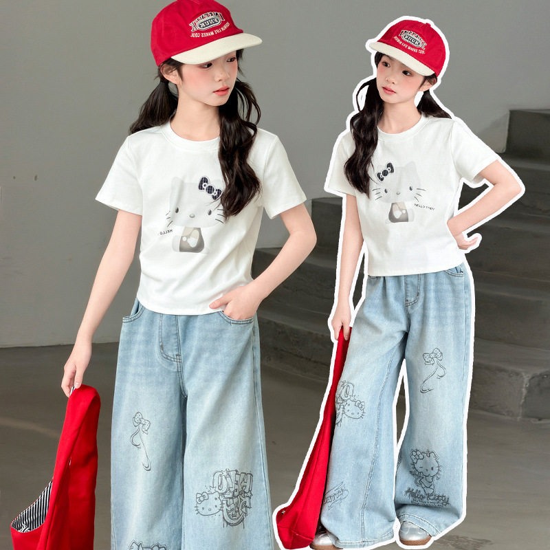 女童夏季纯棉短袖T恤2026新款儿童卡通kitty猫上衣外贸中大童短款