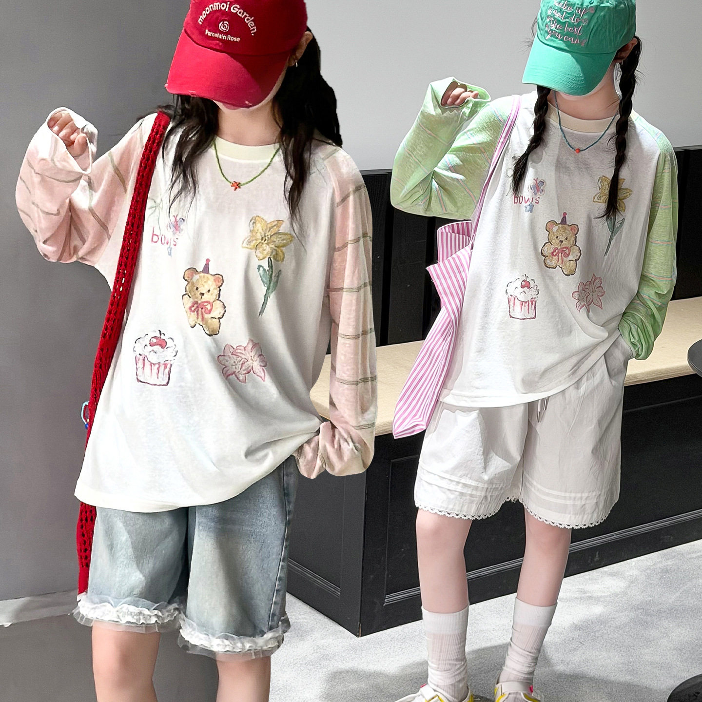女童T恤夏季撞色条纹儿童长袖夏装上衣薄款打底衫批发中大童防晒