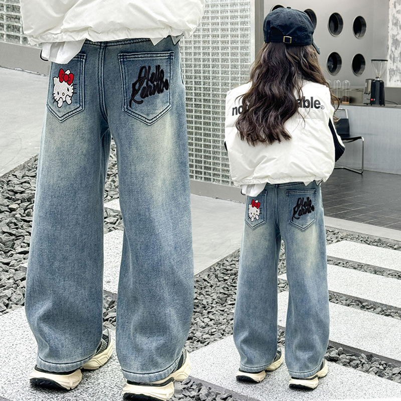女童春秋裤子2025新款儿童网红中大童时髦宽松休闲直筒阔腿牛仔裤