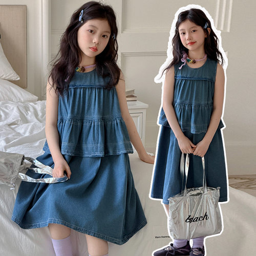 女童牛仔裙夏装2026新款儿童无袖薄款中大童蛋糕裙女孩牛仔背心裙