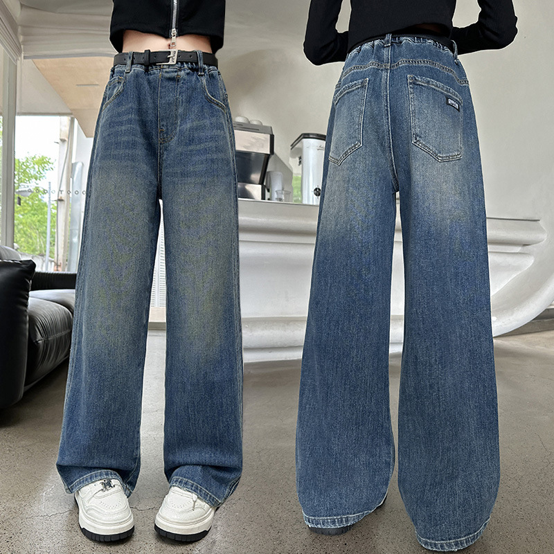 女童阔腿牛仔裤春秋款2025新款儿童秋装休闲直筒裤女大童宽松裤子