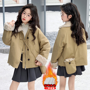 女童皮毛一体立领羊羔毛加厚短款外套儿童秋冬季2025新款韩系棉服