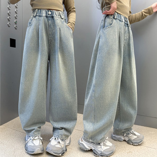 跨境童装女童秋装裤子2025新款儿童中大童复古做旧百搭牛仔裤