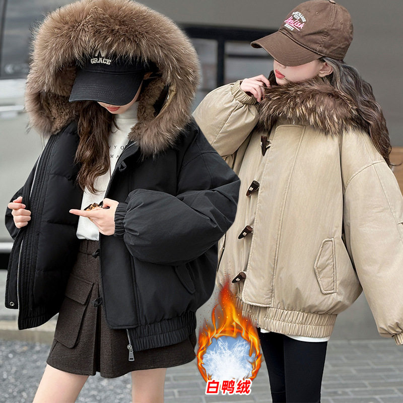 女大童毛领派克羽绒服冬季加厚保暖美式复古外套牛角扣连帽羽绒衣