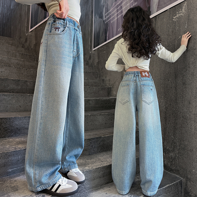 女童浅色牛仔裤春秋季2025新款大童春装休闲阔腿裤儿童直筒裤