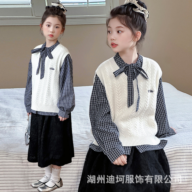 童装女童毛衣秋装跨境套装2025新款儿童秋季针织衫马甲衬衣两件套