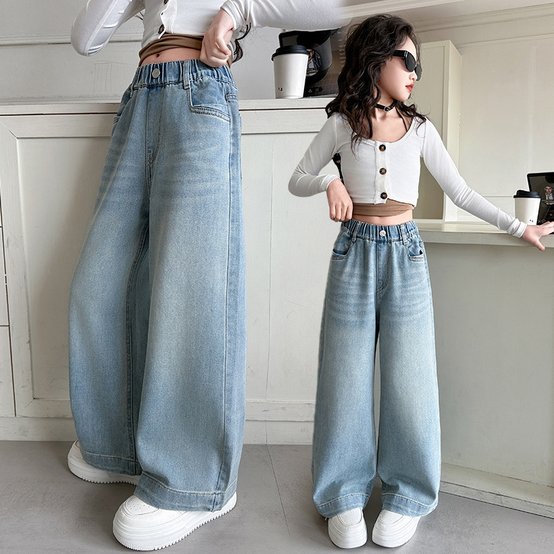 儿童裤子2025女孩潮款春秋女大童阔腿裤初中生女童牛仔裤新款春季