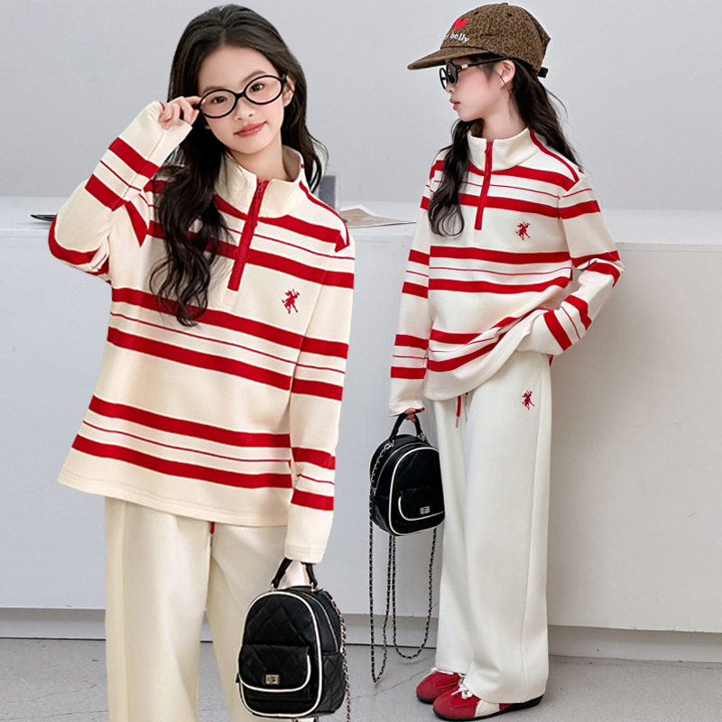 跨境女童套装春秋2026新款中大童条纹卫衣休闲卫裤两件套儿童春装,童装/婴儿装/亲子装,儿童运动套装,淘宝优惠券,粉丝福利购,淘宝优惠卷