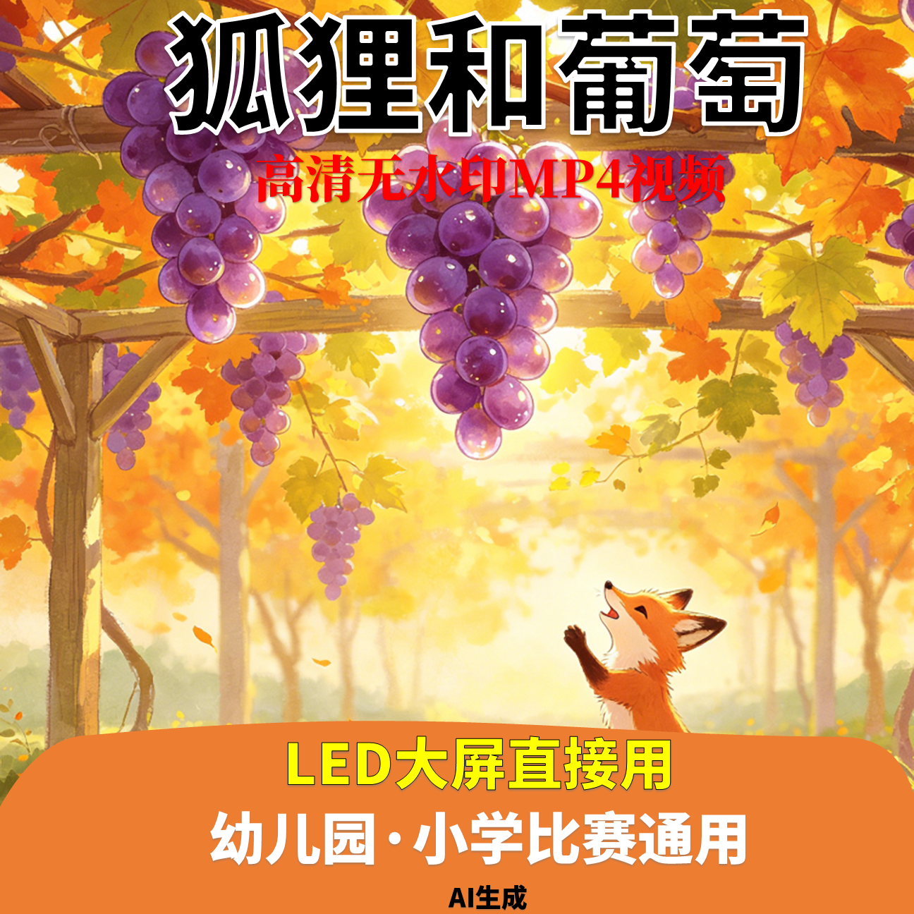 狐狸和葡萄 讲故事背景视频配乐1分16秒葡萄是酸的LED 高清AI生成