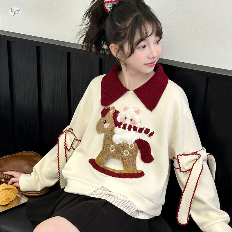 女童春装新款中大童卫衣撞色假两件套头衫可爱蝴蝶结长袖上衣