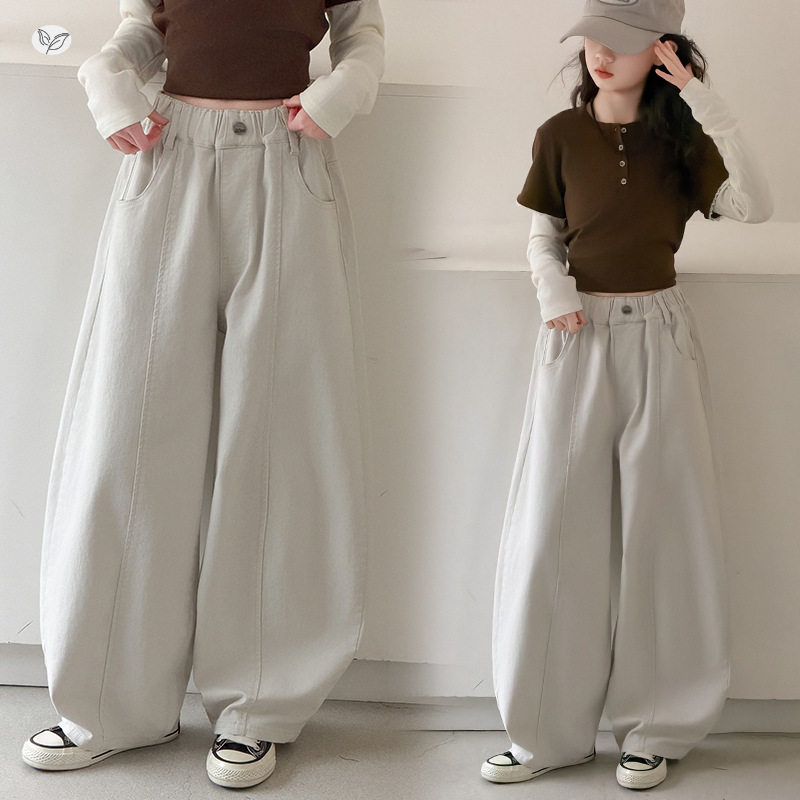 女童春季新款中大童弯刀裤拼接纯色阔腿裤百搭卫裤春秋长裤