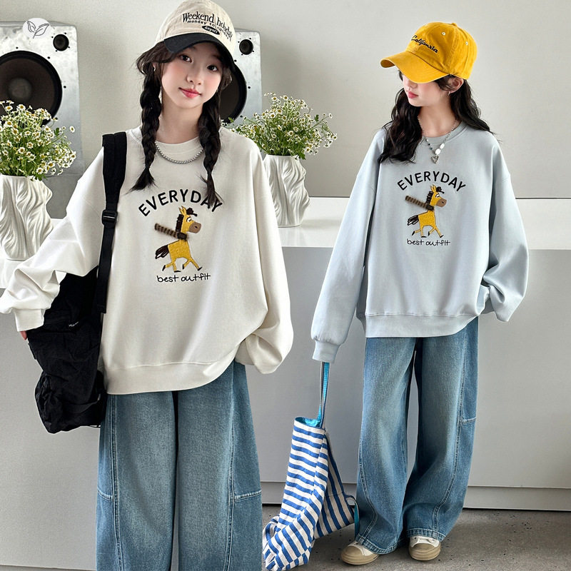 女童春季新款中大童卡通小马卫衣套装春装牛仔裤韩系两件套