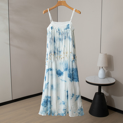 民族风手工扎染流苏吊带连衣裙