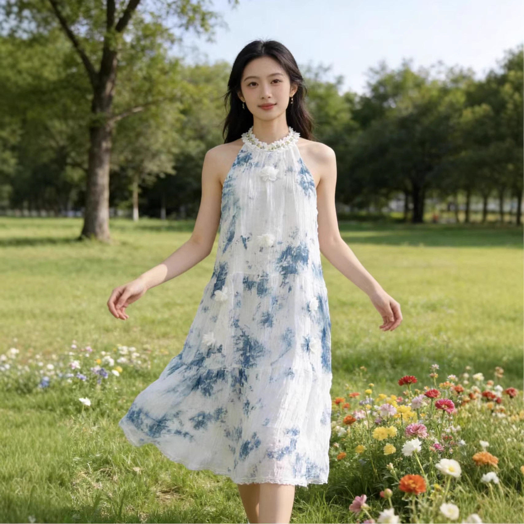 2026新款云南扎染蓝染宽松休闲扎染连衣裙旅游民族服饰少女宽松型