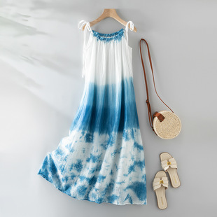 古法扎染法式甜美圆领皱褶绑带吊带裙子女夏季木耳边度假风无袖