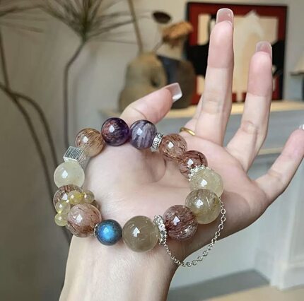 【拾光】天然多宝水晶手串招财转运紫幽灵月光石黑发金黑金手链