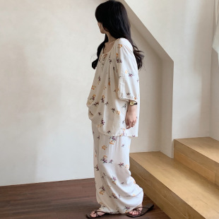 八分袖 薄款 春夏棉绸睡衣女式 长裤 国风外穿 宽松版 人造棉家居服套装