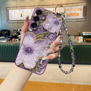 三星s24 适用于三星GalaxyS25手机壳新款 高级腕带女款 油画紫茶花时尚 挂绳Galaxys23全包防摔壳 S25