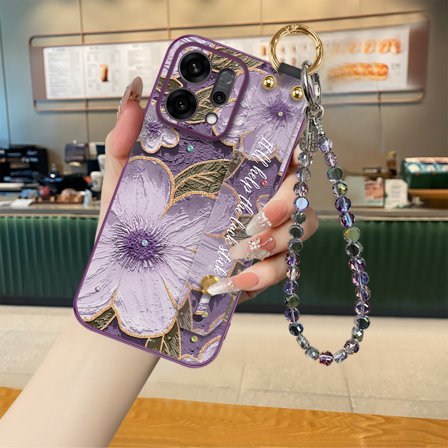 适用于OPPOReno14手机壳新款Reno15油画紫茶花时尚高级腕带女款reno13挂绳12Pro全包防摔壳