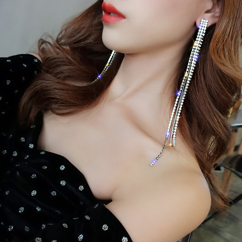 925银针超闪水钻长款流苏线条耳环欧美个性耳钉性感网红耳坠女潮