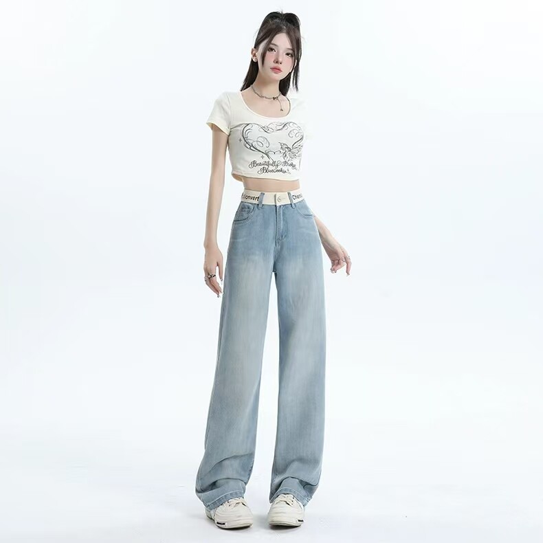 LRZX天丝高腰牛仔裤女2026夏季薄款百搭小个子显瘦垂感直筒阔腿裤