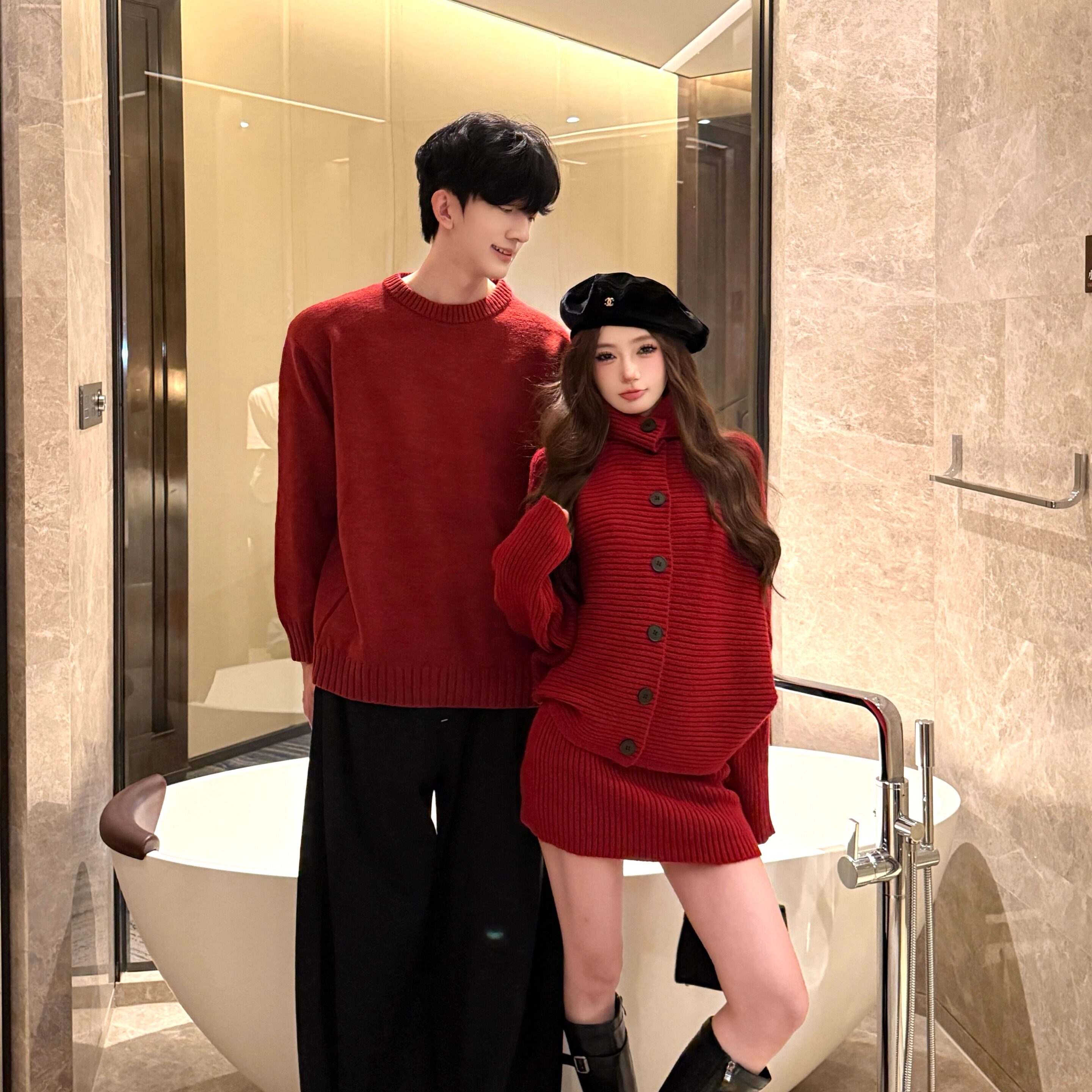 圣诞红色情侣装秋冬ins超火毛衣男女韩版宽松法式针织衫外套潮牌,女装/女士精品,毛衣,淘宝优惠券,粉丝福利购,淘宝优惠卷