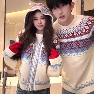 圣诞情侣装秋冬新款ins超火毛衣男女韩版宽松法式针织衫外套潮牌