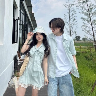 连衣裙男衬衫 2025设计感条纹蝴蝶结系带显瘦蕾丝小飞袖 夏季 情侣装